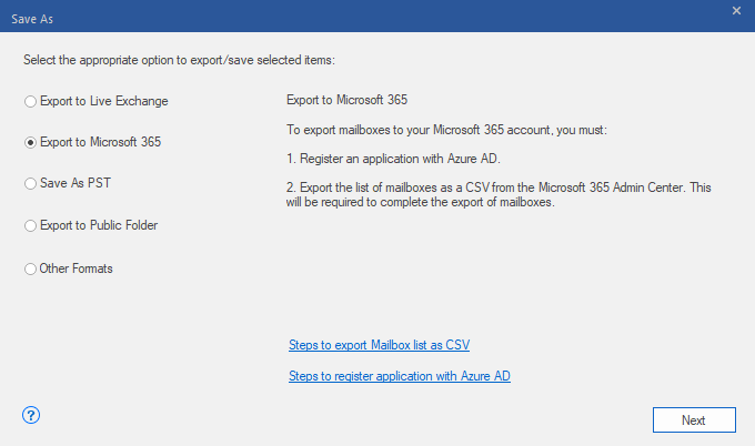 Select Export to Microsoft 365 and then click Next.